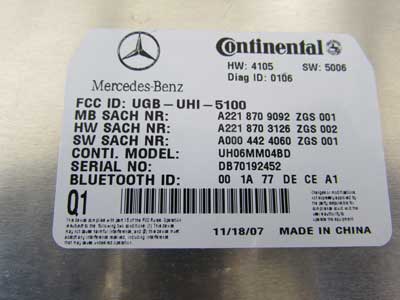 Mercedes Bluetooth Communication Control Module Continental A2218709092 C216 W221 CL550 S5504